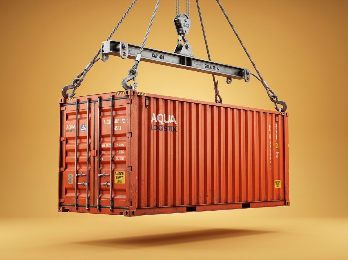 Orange Royal Logistic freight container suspended by crane cables