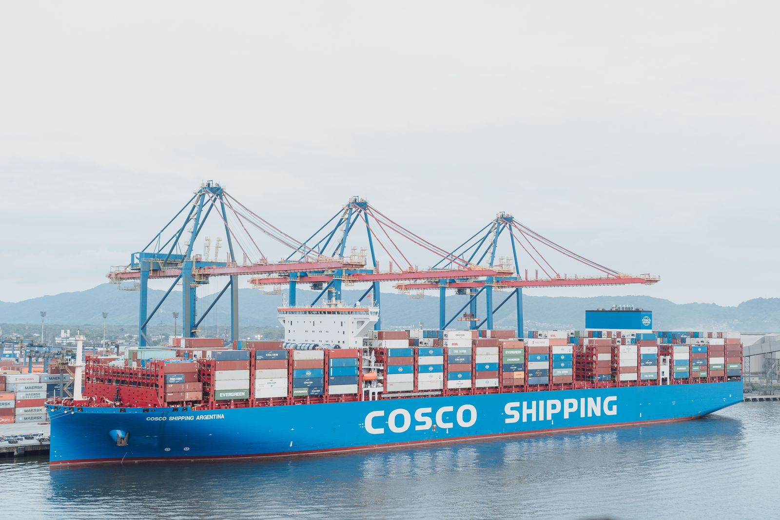 Large container ship docked at a shipping port beneath gantry cranes