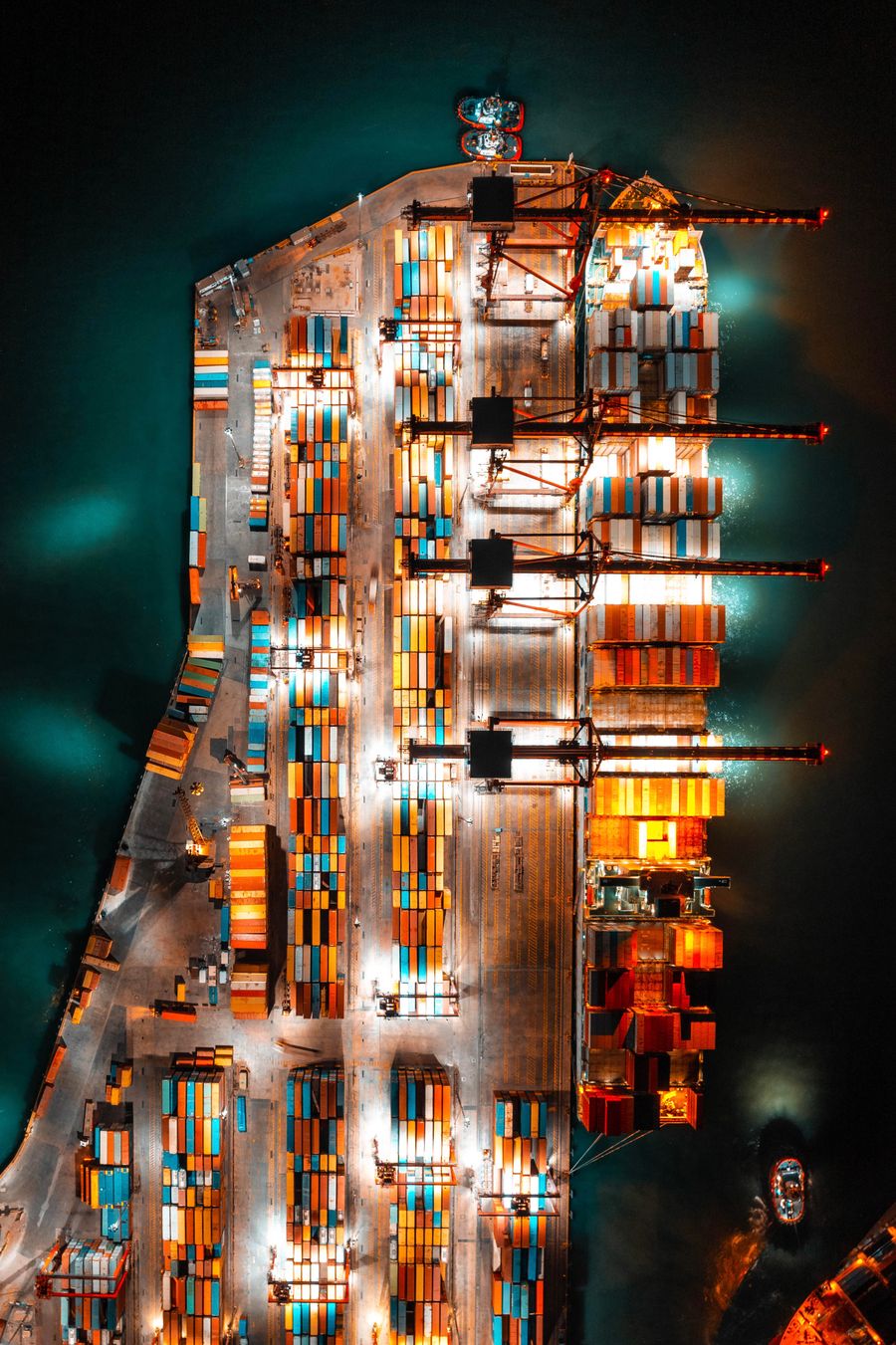 Aerial view of a freighter loaded with shipping containers